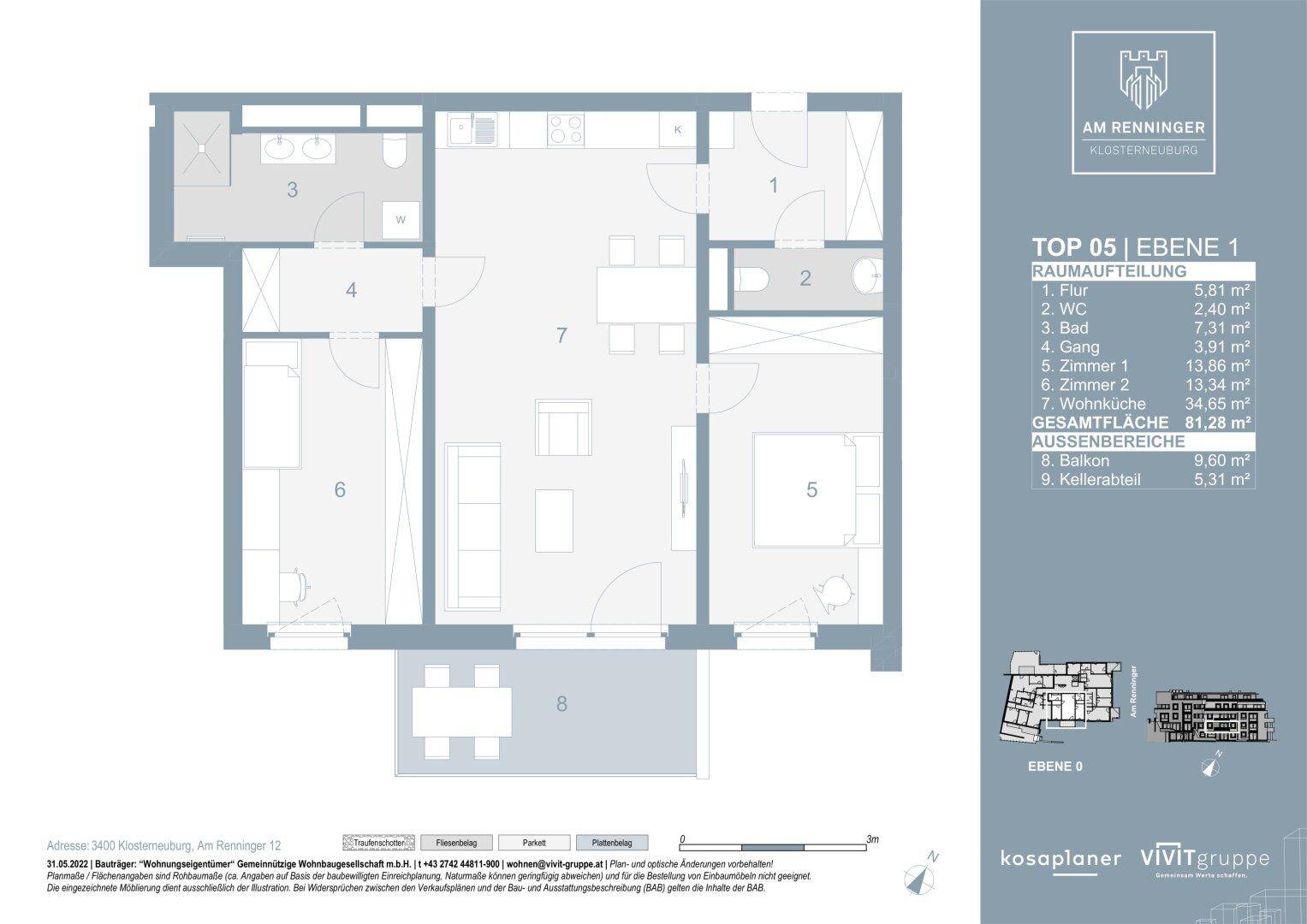 Grundriss einer Wohnung mit zwei Schlafzimmern, offenem Wohnbereich und einem Balkon.