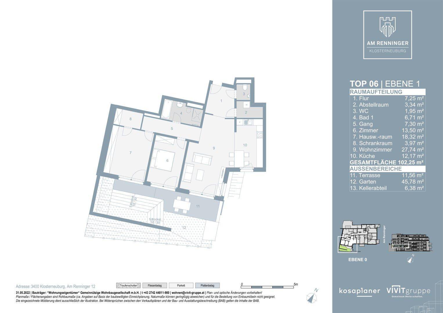 Grundriss einer Wohnung mit zwei Schlafzimmern, offenem Wohnbereich, Terrasse und Garten.