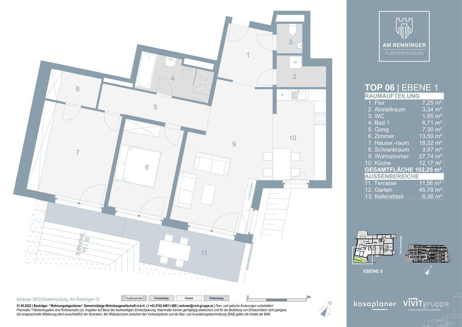 Detaillierter Grundriss einer Wohnung mit zwei Schlafzimmern, offenem Wohnbereich, Terrasse und Garten.