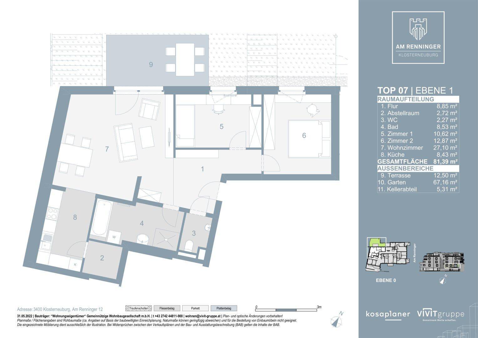 Detaillierter Grundriss der Obergeschosswohnung mit Terrasse, Garten und offener Wohnküche.