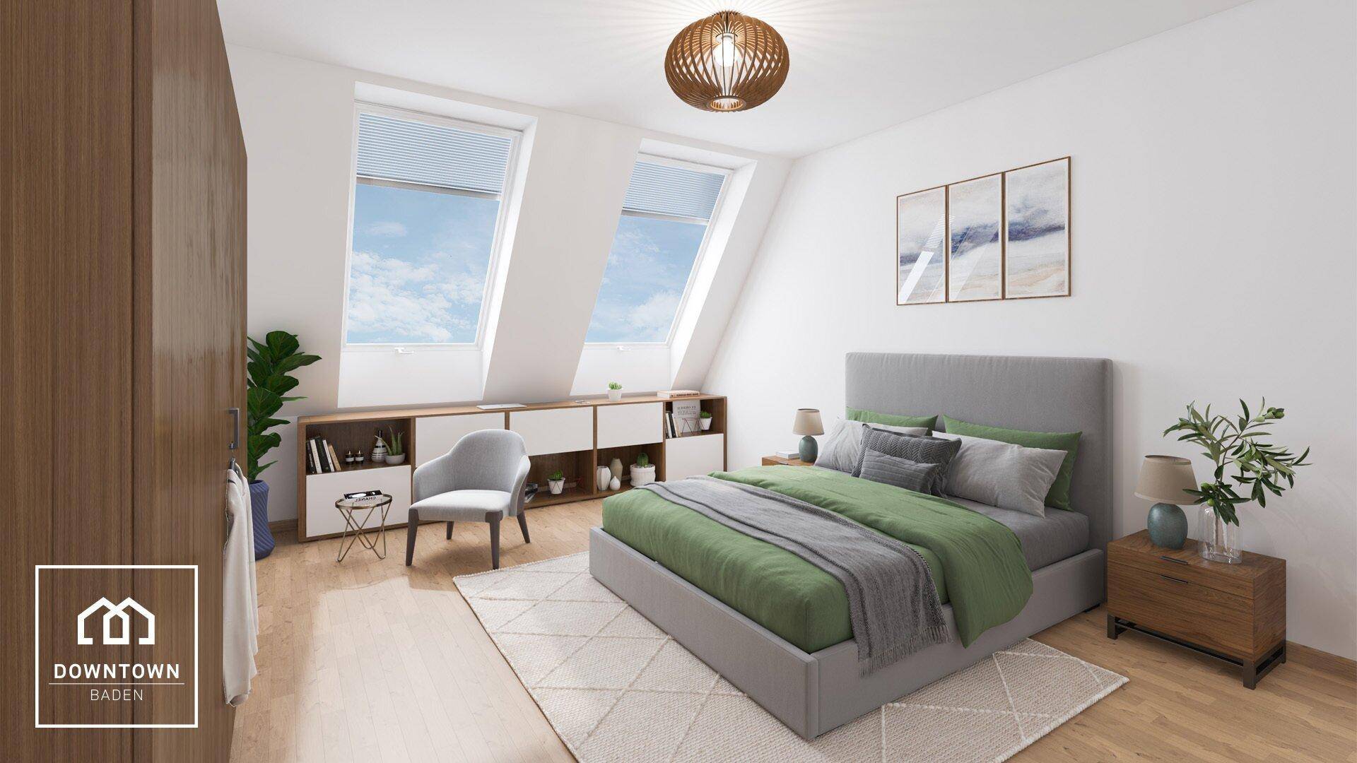 Helles Schlafzimmer im Dachgeschoss mit schrägen Decken, zwei Dachfenstern und Holzboden.