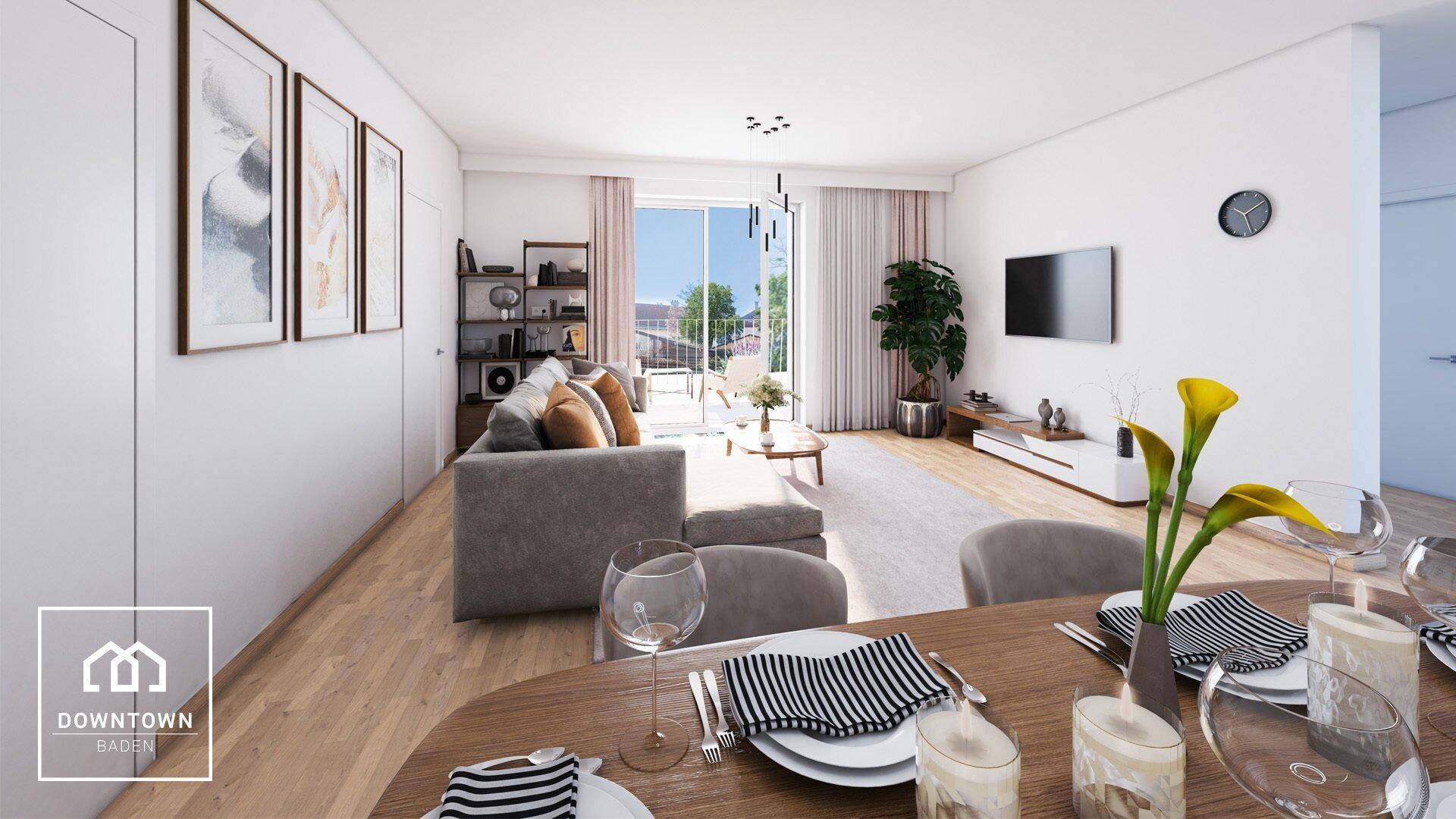 Geräumiger Wohnbereich mit Esstisch, bequemer Couch und Zugang zu einem Außenbereich.