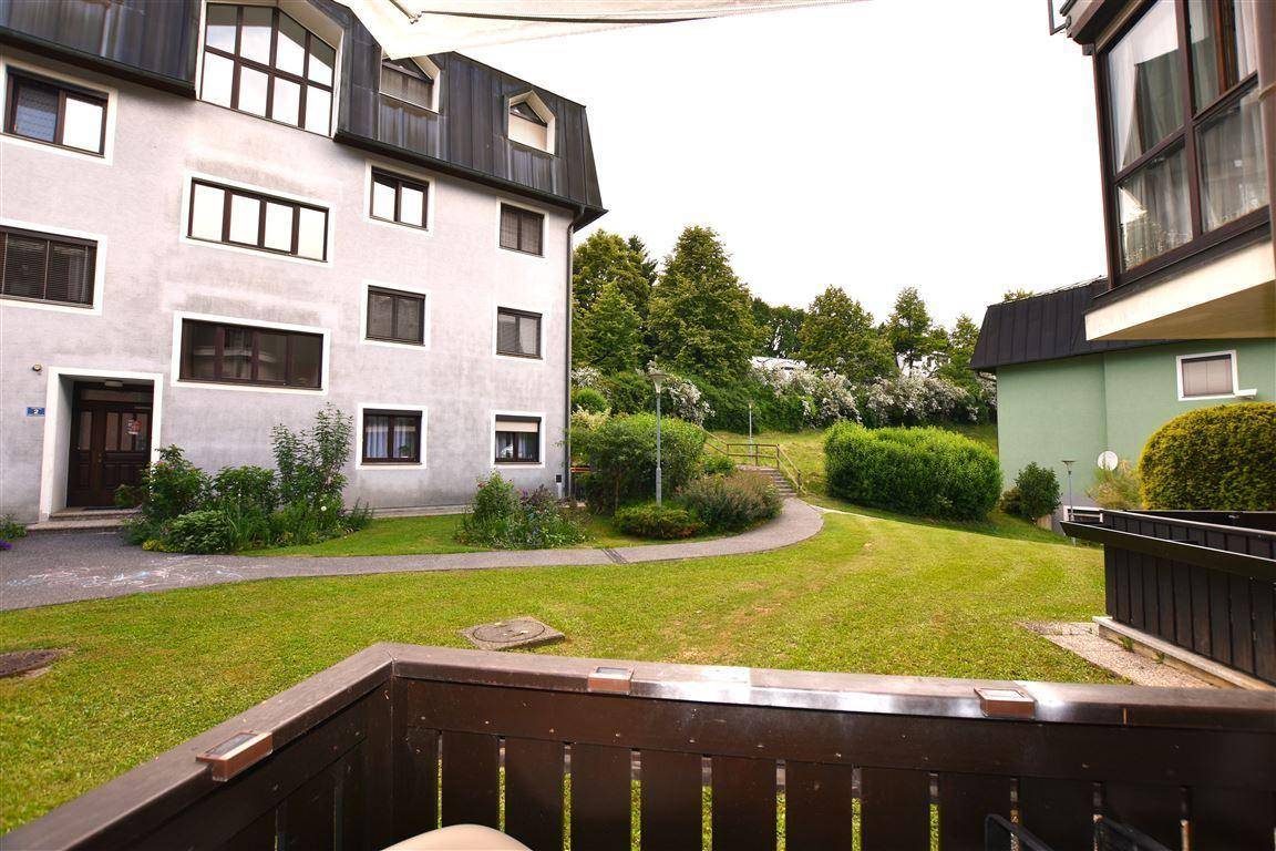 Gemeinschaftsgarten mit Rasenflächen und Bäumen, umgeben von Wohngebäuden.
