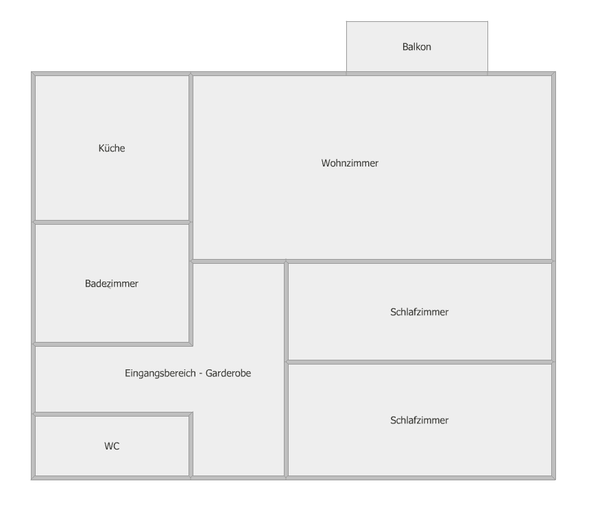 Grundriss der Wohnung mit Wohnzimmer, Küche, zwei Schlafzimmern, Bad, WC und Balkon.