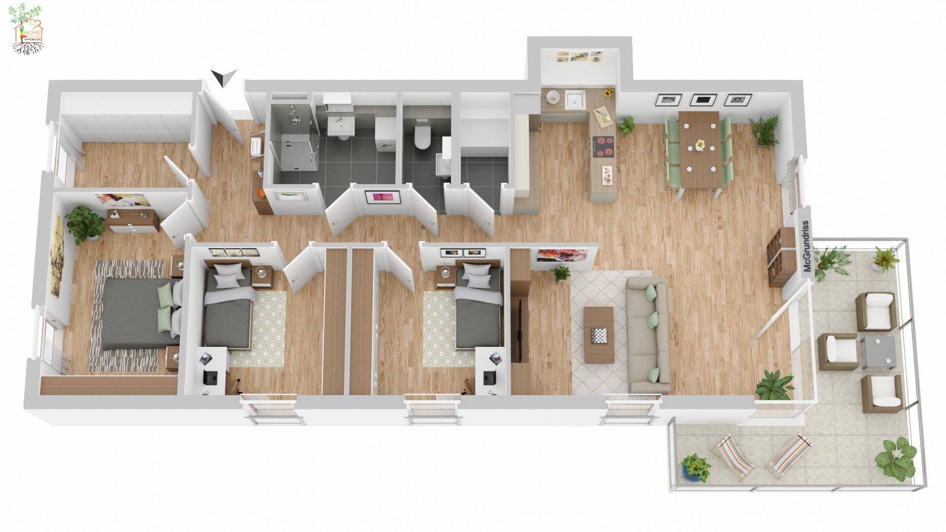 Detaillierter 3D-Grundriss einer Wohnung mit drei Schlafzimmern, offenem Wohnbereich und Balkon.