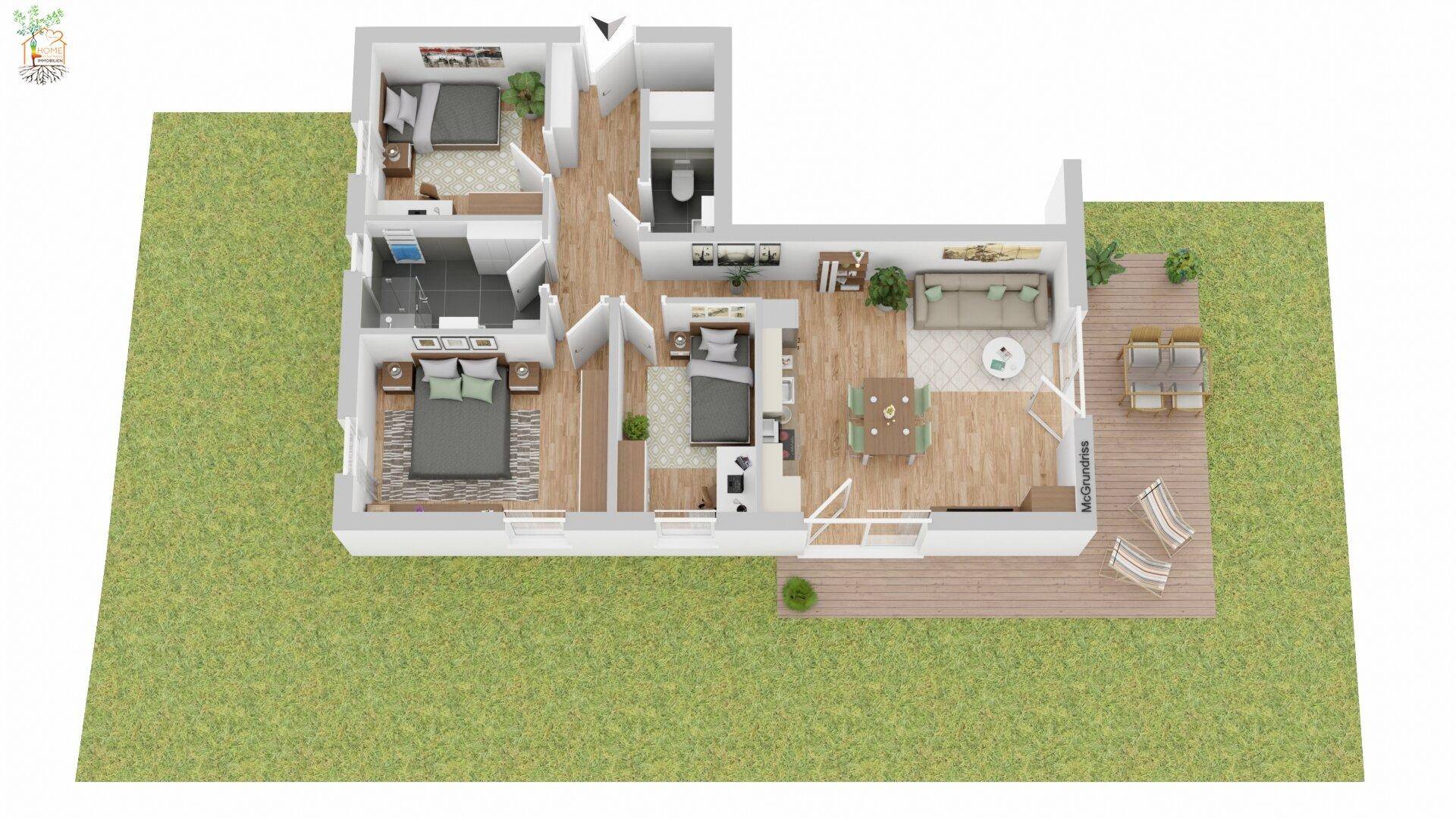 3D-Grundriss der Wohnung mit offenem Wohnbereich, drei Schlafzimmern und Terrasse.