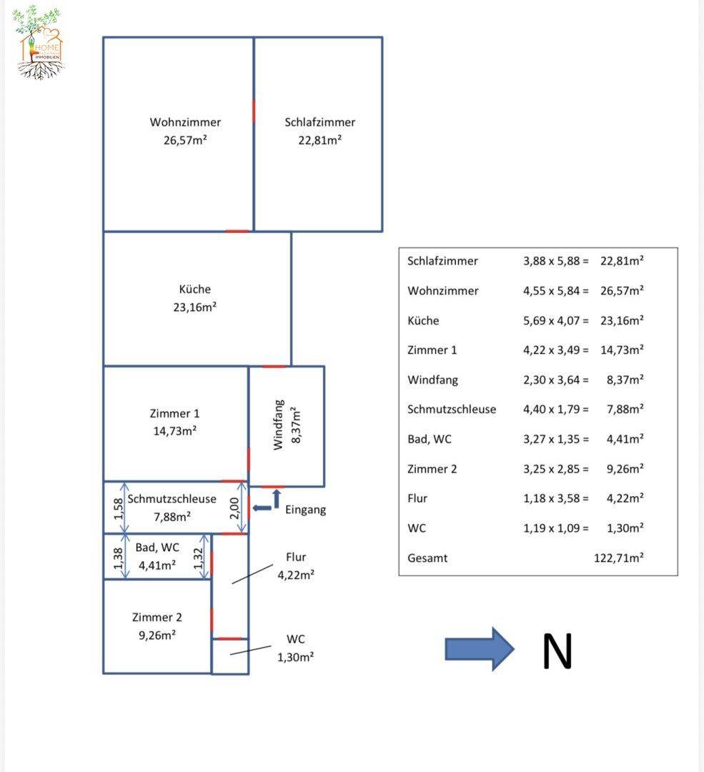 Detaillierter Grundriss mit Raumaufteilung und Flächenangaben für eine Wohneinheit.