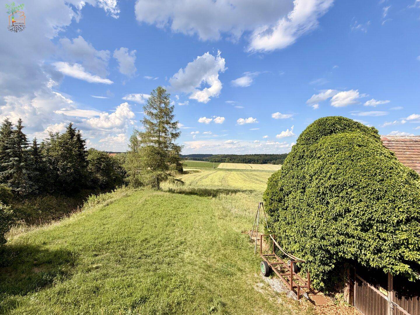 Weitläufiger Blick über grüne Felder und Bäume unter einem blauen Himmel.