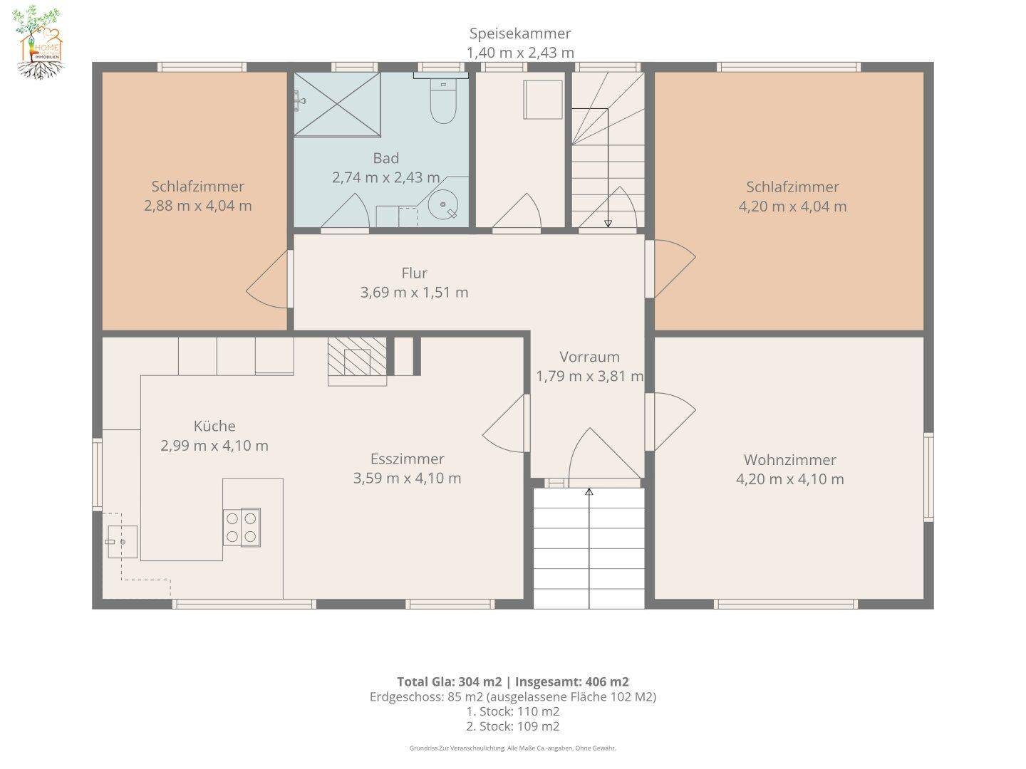 Grundriss des Erdgeschosses mit Schlafzimmern, Bad, Küche, Ess- und Wohnzimmer.