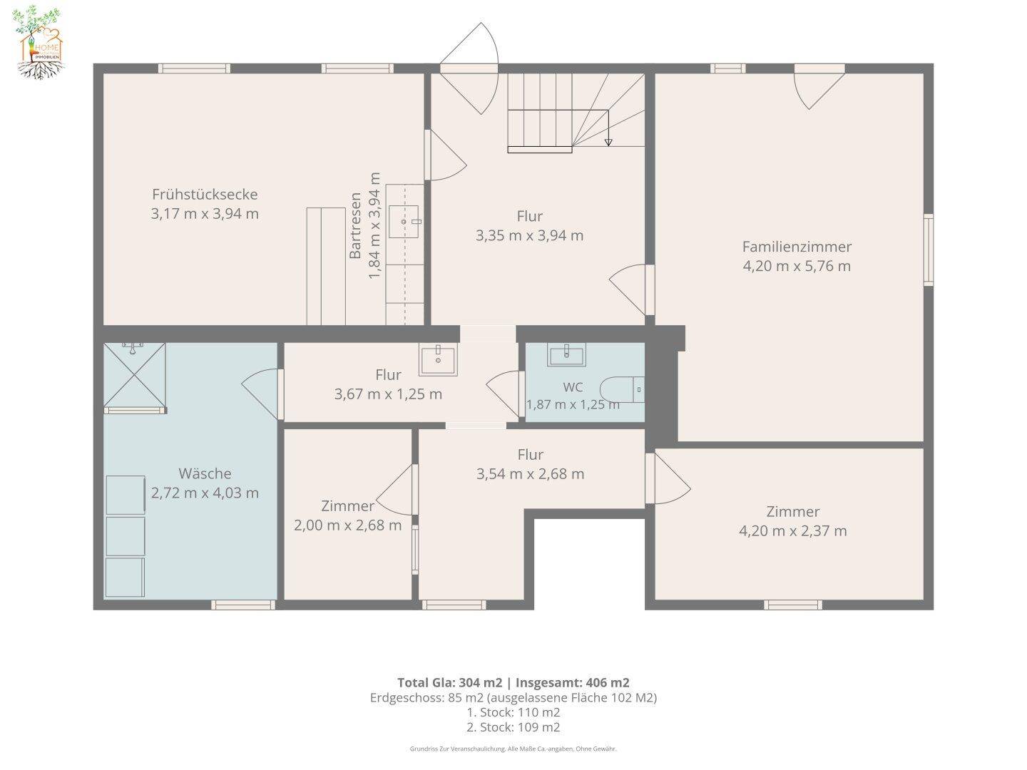 Grundriss des Obergeschosses mit Frühstücksecke, Wäscheraum, WC und Familienzimmer.
