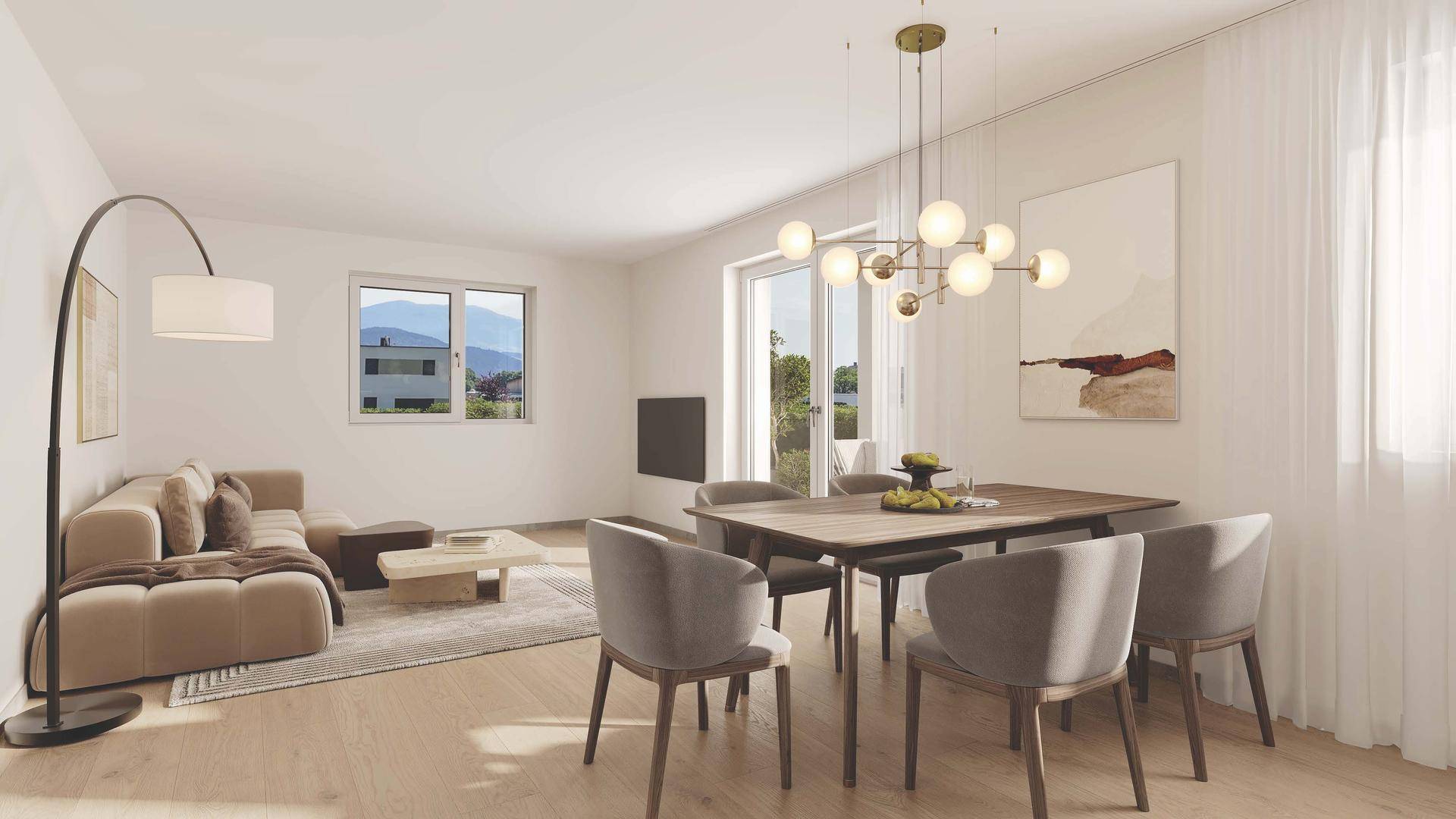 Heller Wohn- und Essbereich mit modernem Design, Holzboden und einem schönen Bergblick durch das Fenster.