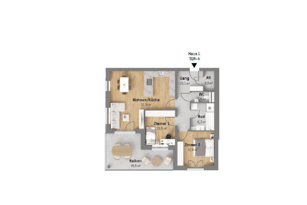 Grundriss einer Wohnung mit offenem Wohn-/Kochbereich, zwei Zimmern, Bad, WC und Balkon.