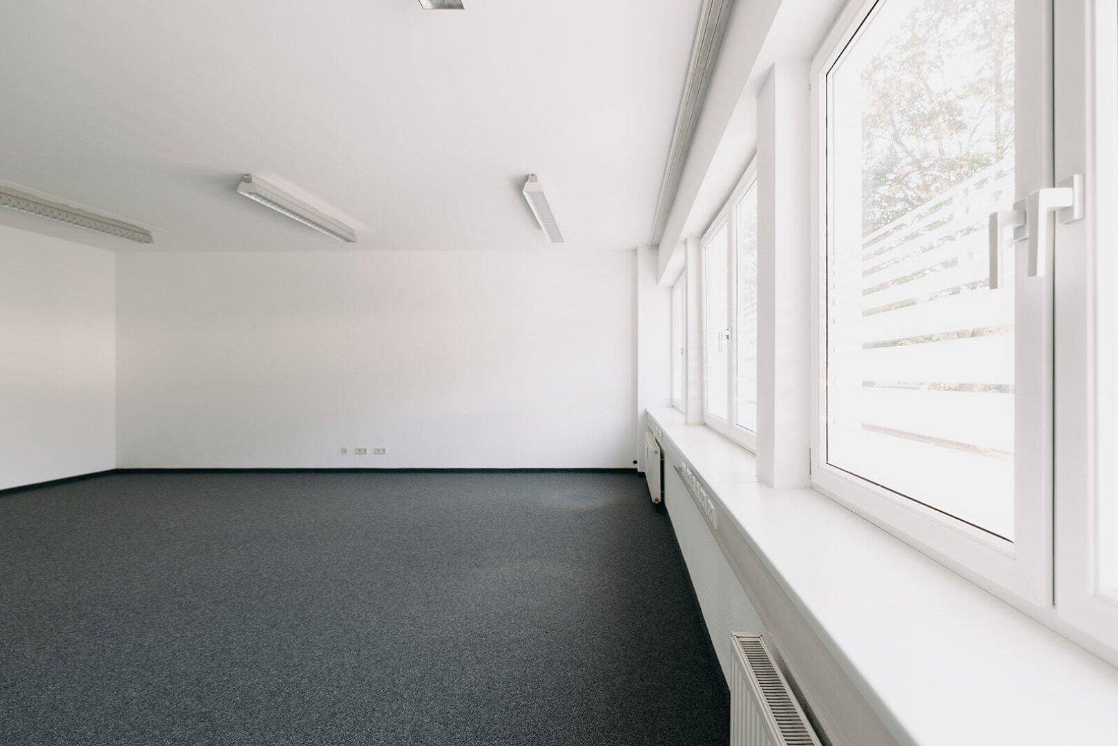 Heller Büroraum mit Teppichboden und einer langen Fensterfront, die viel Licht spendet.