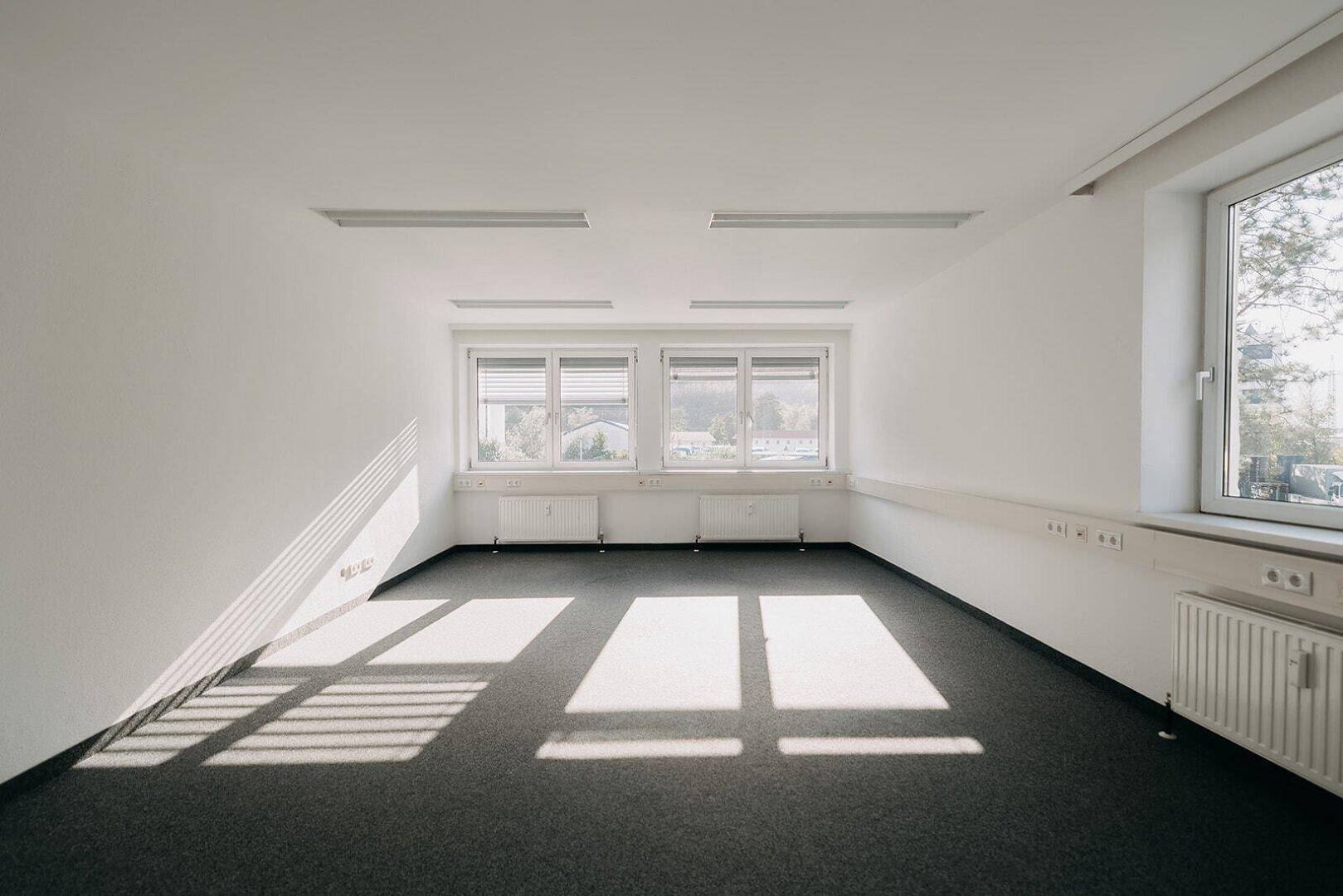 Helles, leeres Büro mit Teppichboden und großen Fenstern, die viel Tageslicht hereinlassen.