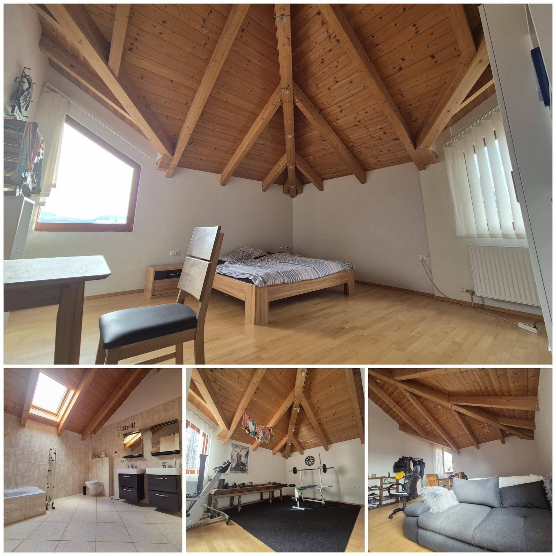 Dachgeschoss-Collage mit Schlafzimmer, Badezimmer, Fitnessbereich und Wohnbereich unter sichtbaren Holzbalken.