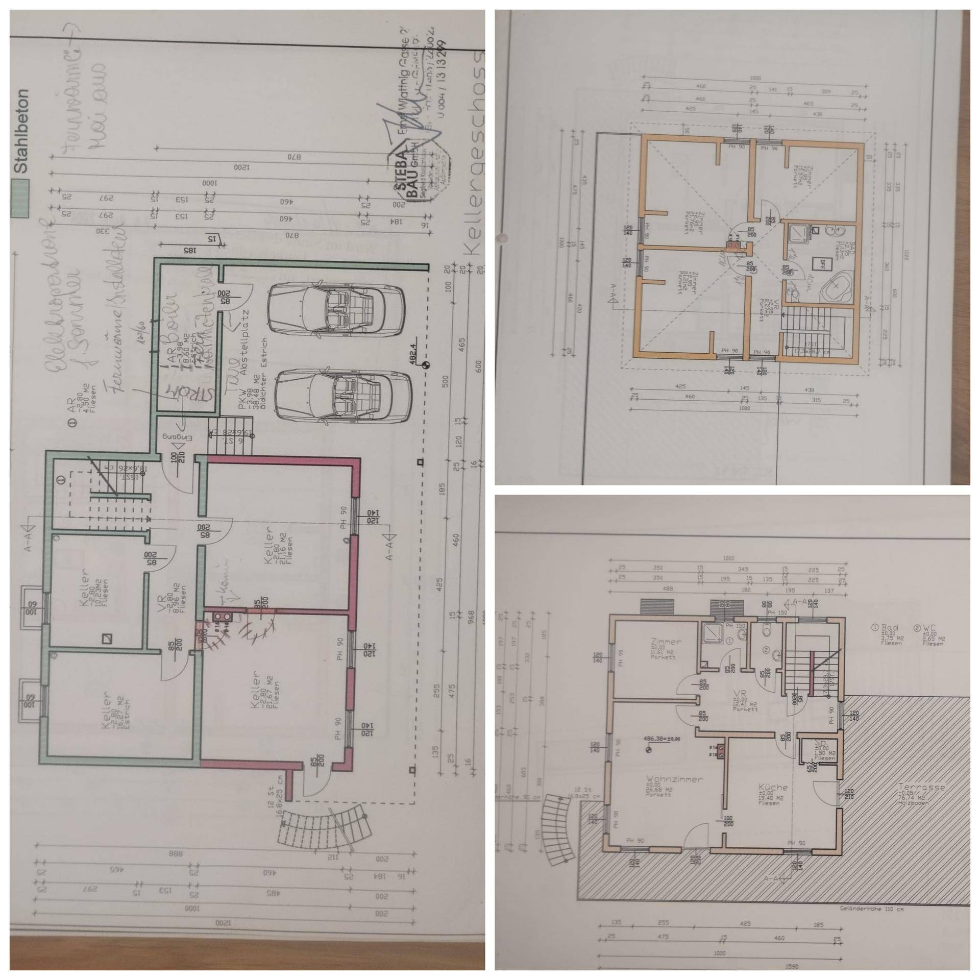Grundrisse des Kellers mit Doppelgarage und der oberen Etagen mit Wohnbereichen und Bädern.