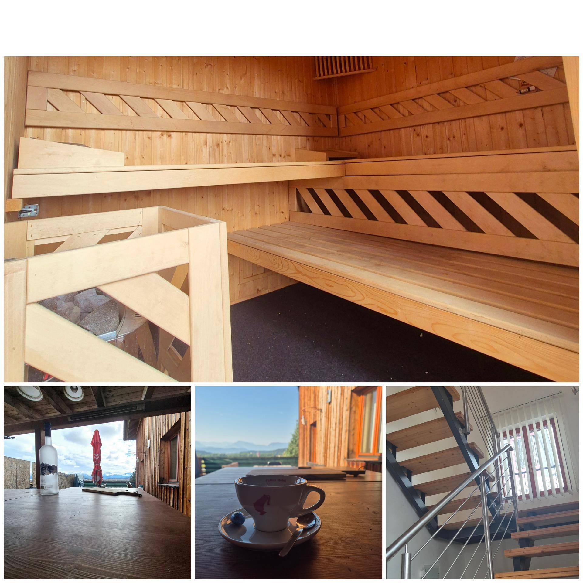 Collage zeigt eine Sauna, einen überdachten Außenbereich mit Bergblick und eine Treppe mit Metallgeländer.