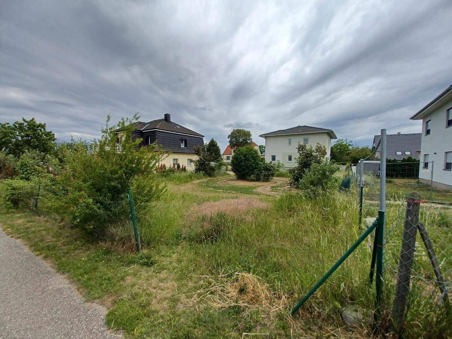 Unbebautes Grundstück mit üppigem Gras und angrenzenden Häusern, bereit für die Bebauung.