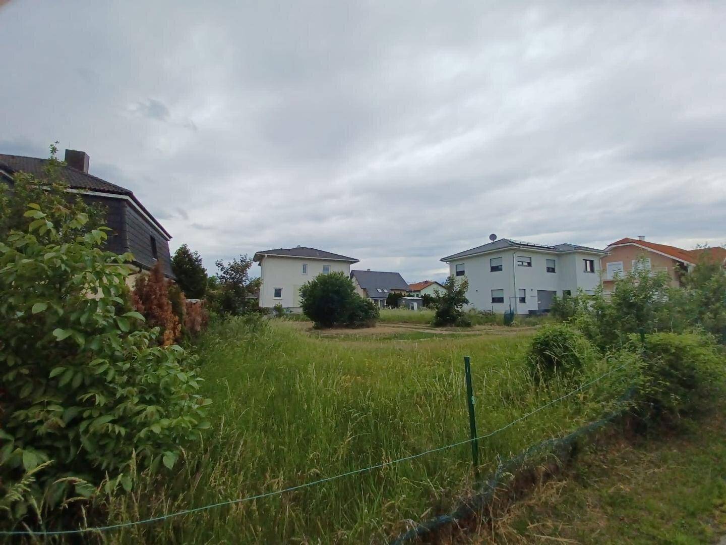 Weitläufiges unbebautes Grundstück mit hohem Gras und angrenzenden Wohnhäusern unter bewölktem Himmel.