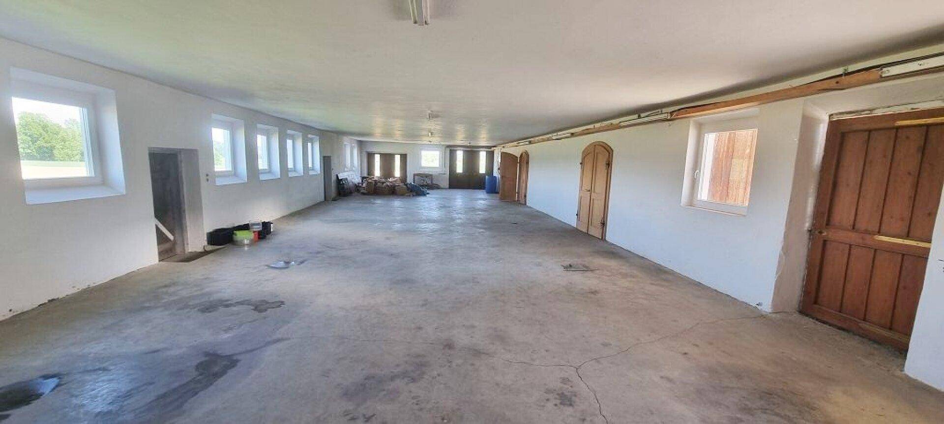 Geräumiger, leerer Raum mit Betonboden und vielen Fenstern, ideal für verschiedene Nutzungen.