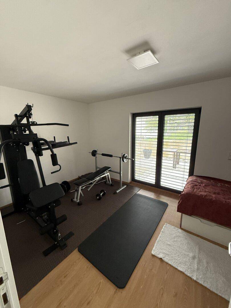 Fitnessraum mit Trainingsgeräten, Holzboden und Zugang zur Terrasse durch große Glastür.