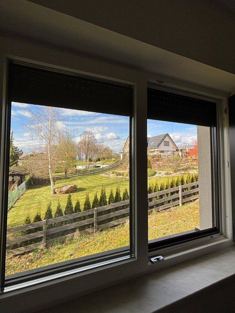 Blick aus dem Fenster auf einen gepflegten Garten mit Zaun und umliegenden Häusern.