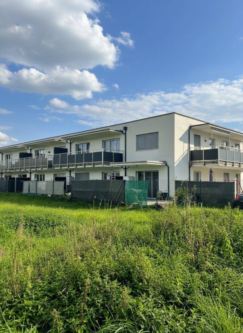 Rückansicht eines modernen Mehrfamilienhauses mit Balkonen und Terrassen, angrenzend an eine Grünfläche.