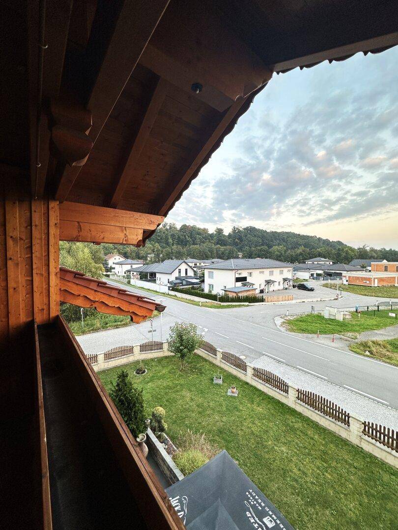 Blick vom Balkon auf die umliegende Wohngegend mit grünen Gärten und einer Straße.