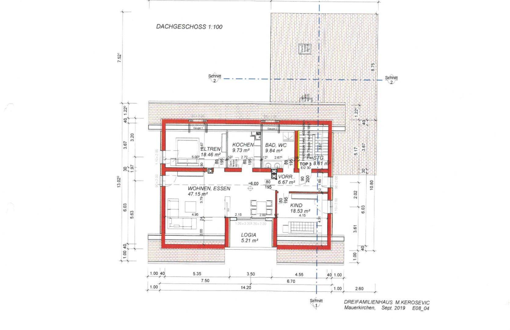 Grundriss des Dachgeschosses mit Wohn-Essbereich, Küche, Schlafzimmern und einer Loggia.