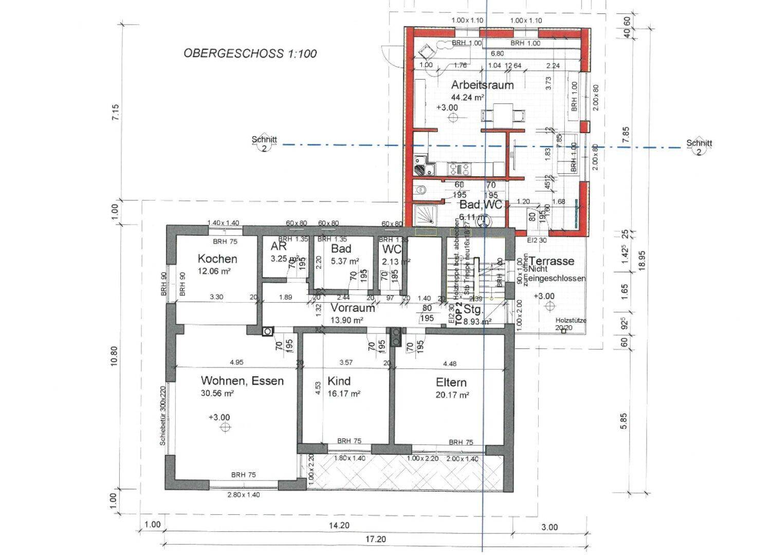 Grundriss des Obergeschosses mit Arbeitsraum, Bad, WC und Zugang zu einer großzügigen Terrasse.