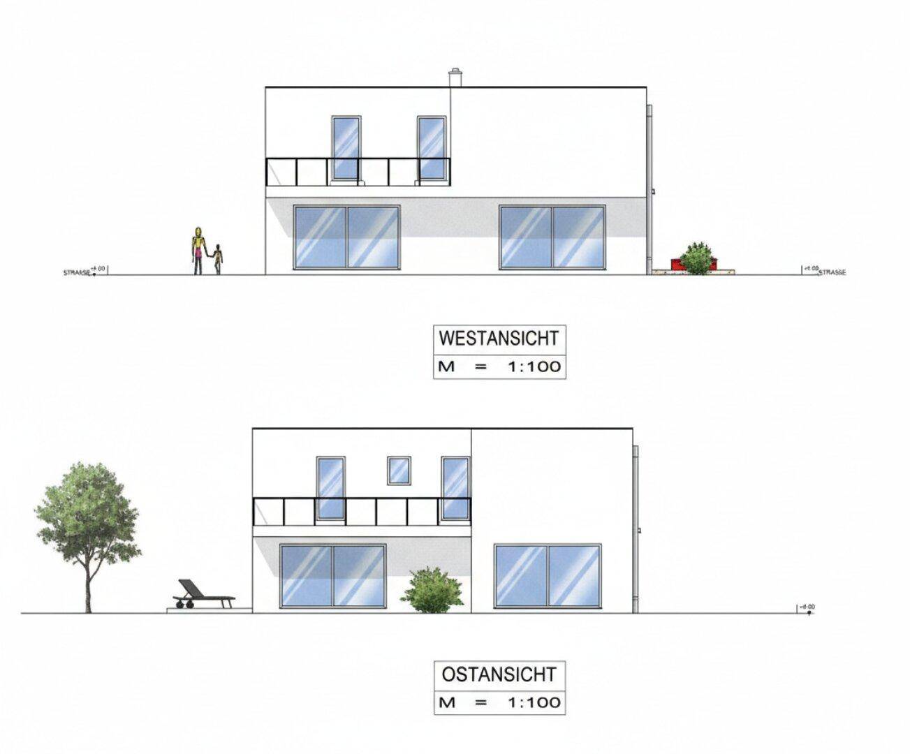 Architektonische Ansichten des Gebäudes von West und Ost mit Balkonen und Terrassen.