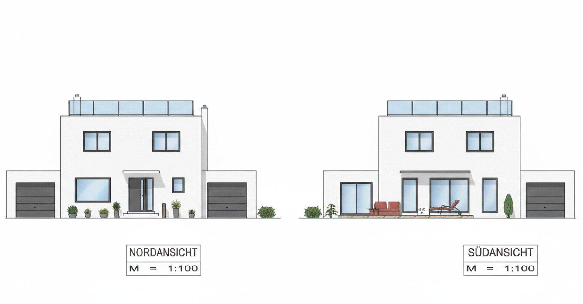Architektonische Ansichten des Gebäudes von Nord und Süd mit Garagen und Terrassen.