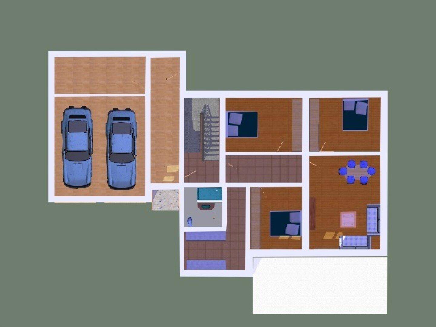Grundriss des Erdgeschosses mit Garage, Wohnbereich und mehreren Zimmern.