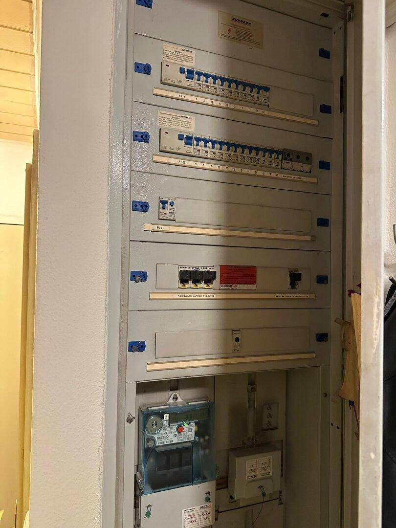 Elektrischer Sicherungskasten und Zähler in einem Versorgungsraum des Gebäudes.