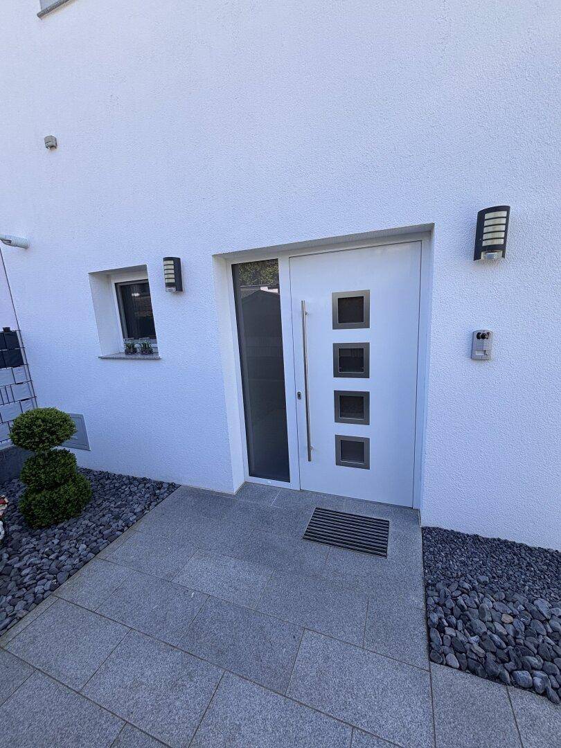 Moderner Hauseingang mit weißer Tür, stilvollen Außenleuchten und dekorativem Kiesbeet.