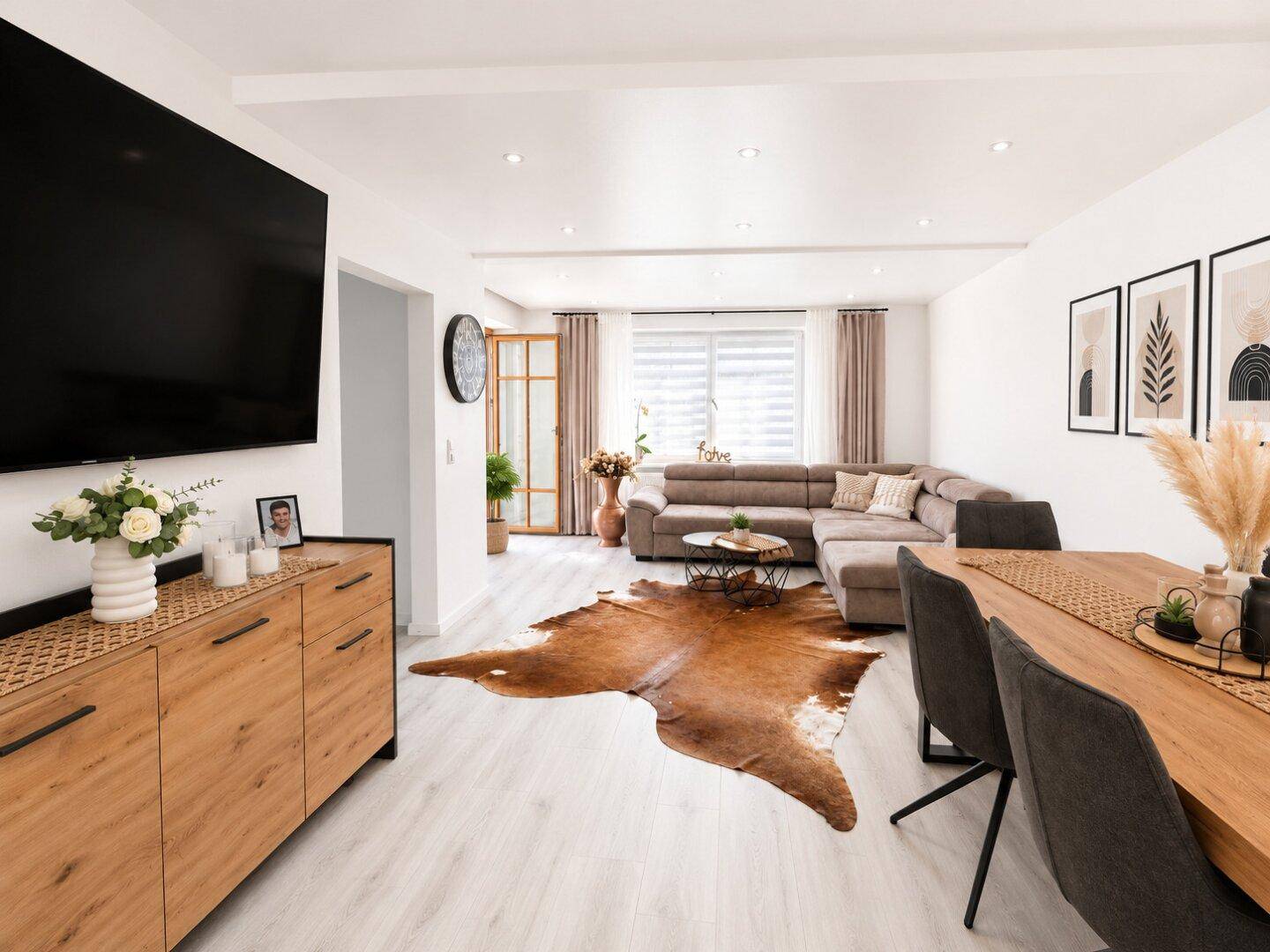 Offener Wohn- und Essbereich mit hellem Laminatboden, großem Sofa und modernem Essbereich.
