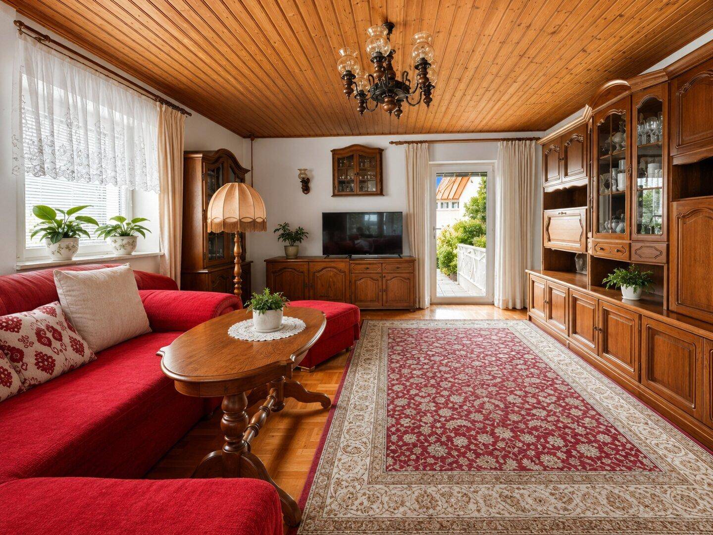 Gemütliches Wohnzimmer mit traditionellen Holzmöbeln, rotem Sofa und orientalischem Teppich.