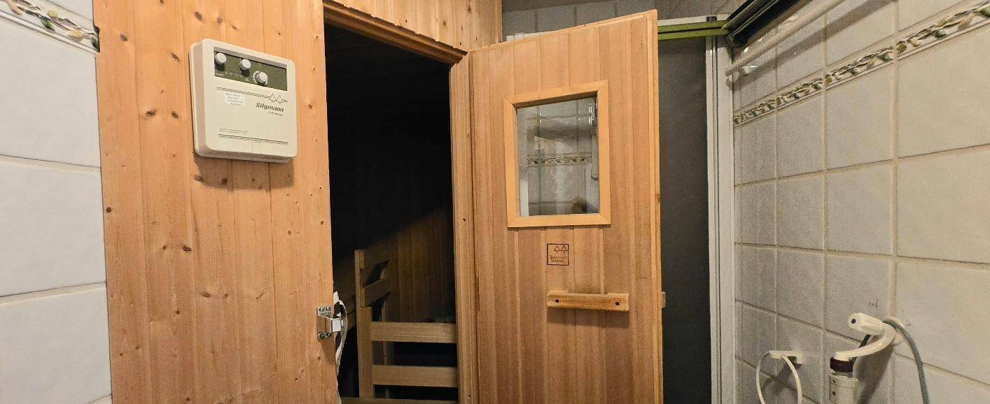 Badezimmer mit Duschbereich und direktem Zugang zu einer Holzsauna für Wellnessmomente.