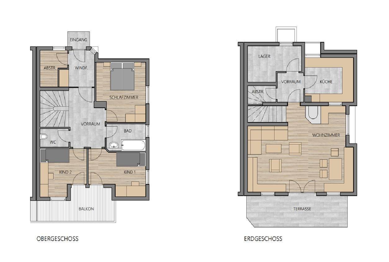Grundriss zeigt Obergeschoss mit Schlafzimmern und Balkon sowie Erdgeschoss mit offenem Wohnbereich und Terrasse.