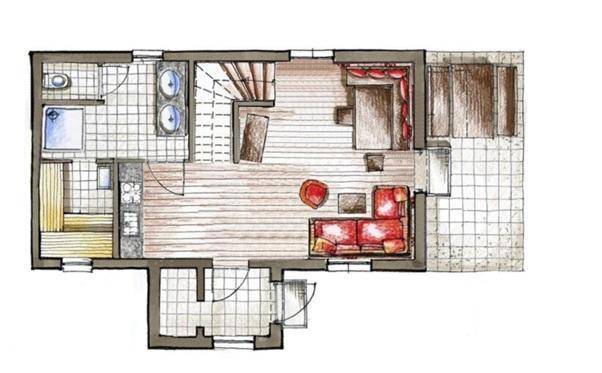 Grundriss des Erdgeschosses mit Wohnbereich, Küche und Badezimmer.
