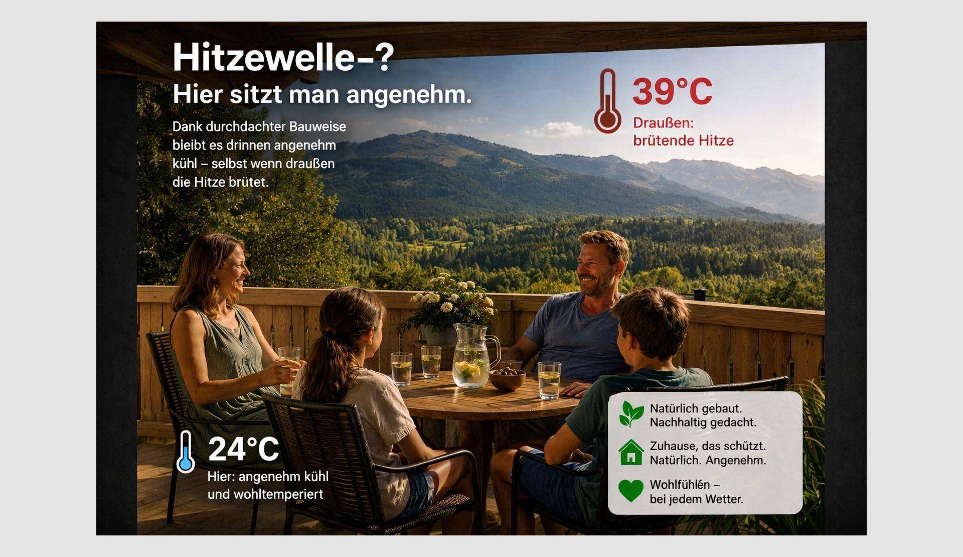 Familie genießt eine kühle Erfrischung auf der sonnigen Holzterrasse mit weitem Bergblick und grüner Umgebung.