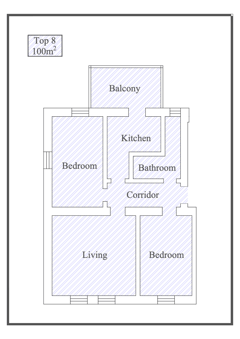Grundriss der Wohnung mit zwei Schlafzimmern, Wohnzimmer, Küche und Balkon auf 100m².