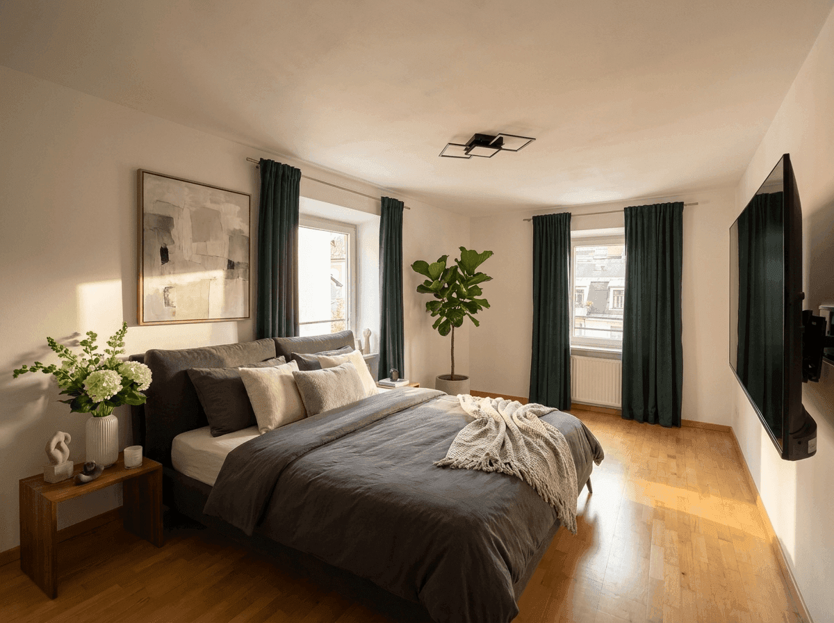 Gemütliches Schlafzimmer mit großem Bett, Holzboden und dunklen Vorhängen, gut beleuchtet.