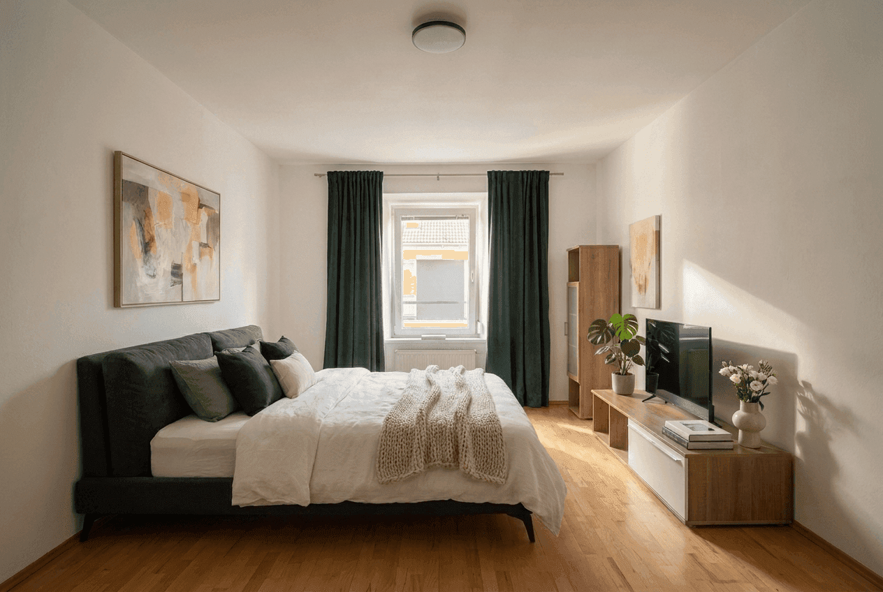 Helles Schlafzimmer mit Doppelbett, Holzboden und Fernseher, modern und funktional eingerichtet.