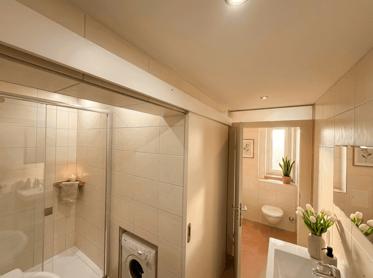 Helles Badezimmer mit Duschkabine, Waschmaschine und separatem WC-Bereich mit Fenster.
