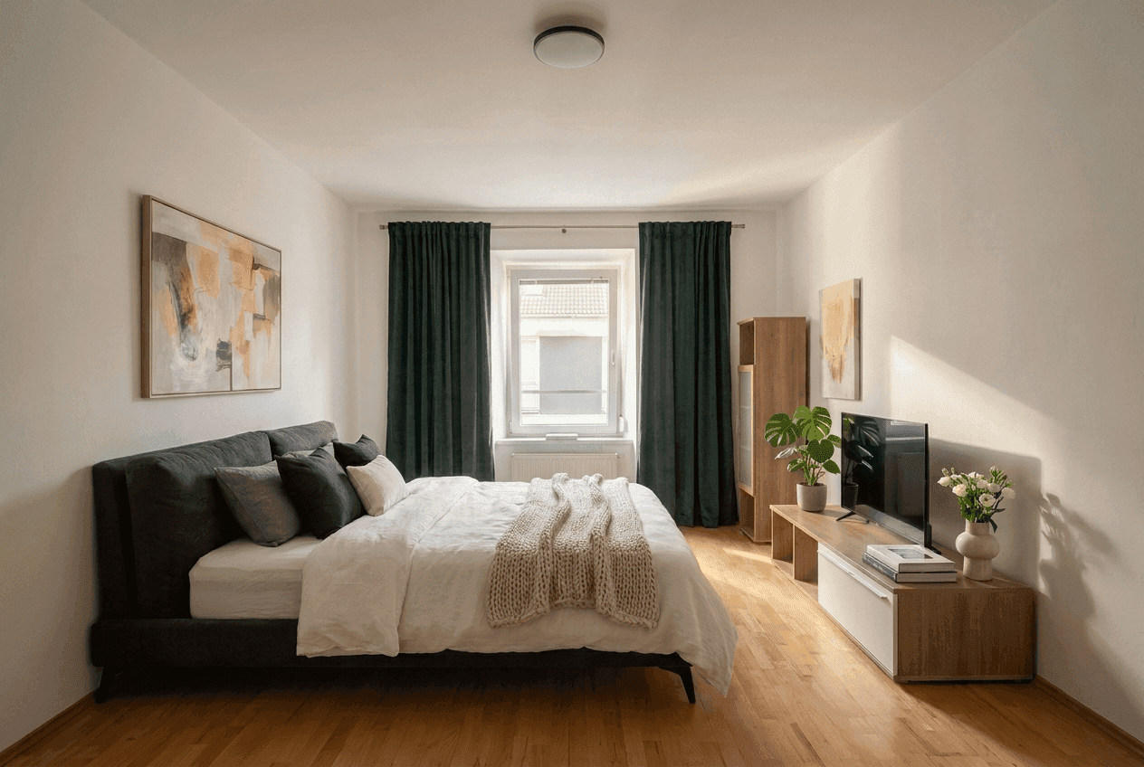 Helles Schlafzimmer mit Doppelbett, Holzboden und Fernseher, modern und funktional eingerichtet.