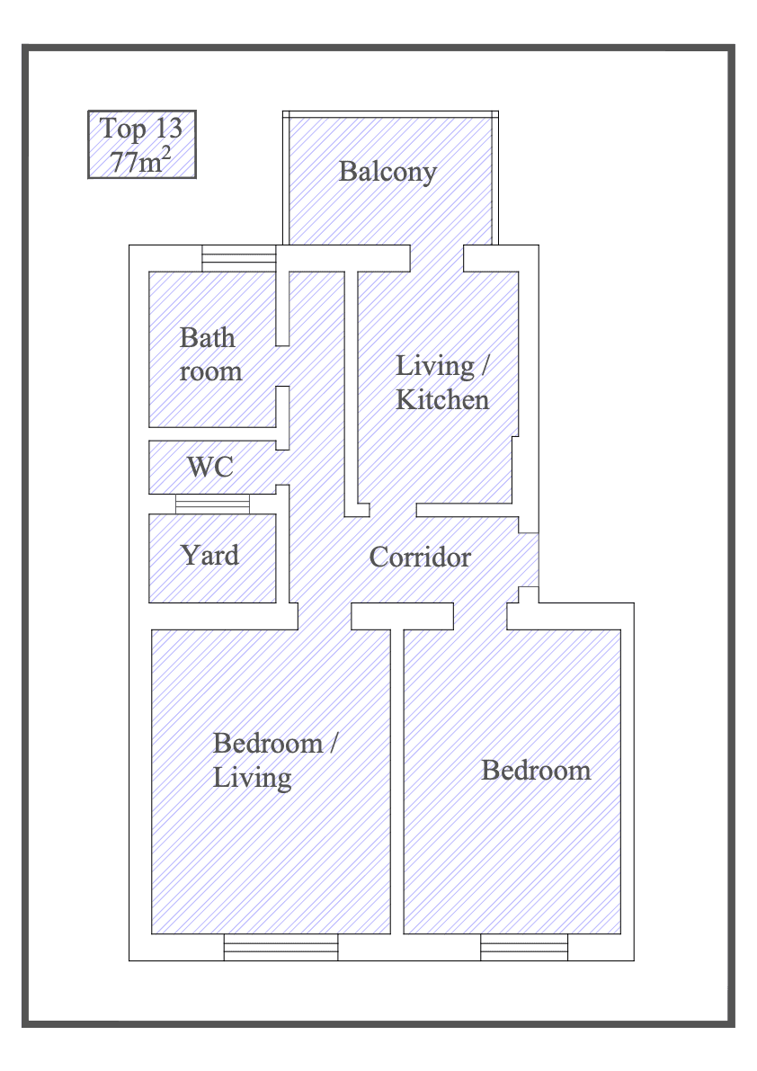 Grundriss einer 77m² Wohnung mit Balkon, zwei Schlafzimmern und offenem Wohn-/Küchenbereich.