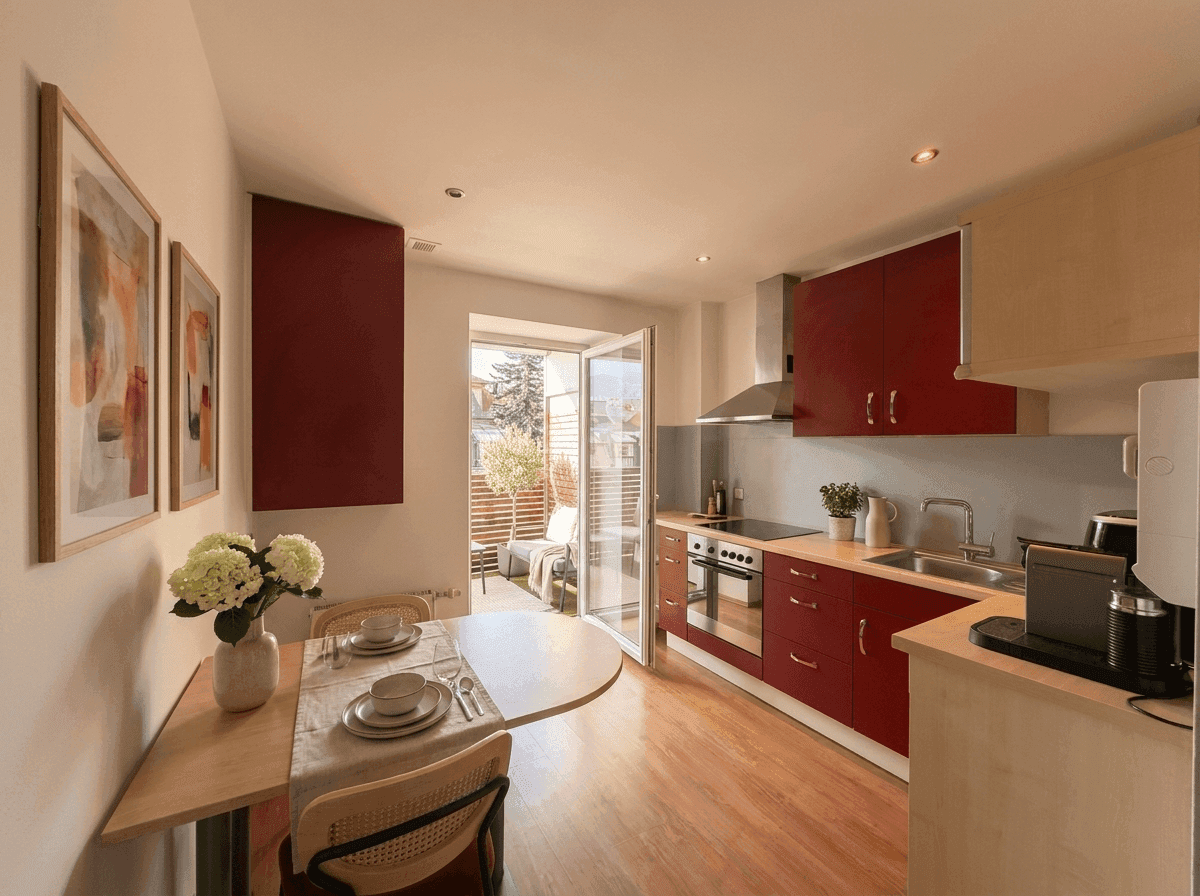 Moderne Küche mit roten Schränken, Essbereich und Zugang zu einem sonnigen Balkon.