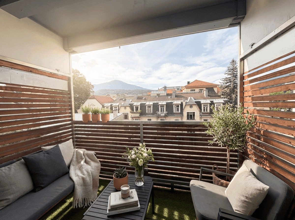 Gemütlicher Balkon mit Sitzgelegenheiten und Blick über die Dächer der Stadt und Berge im Hintergrund.