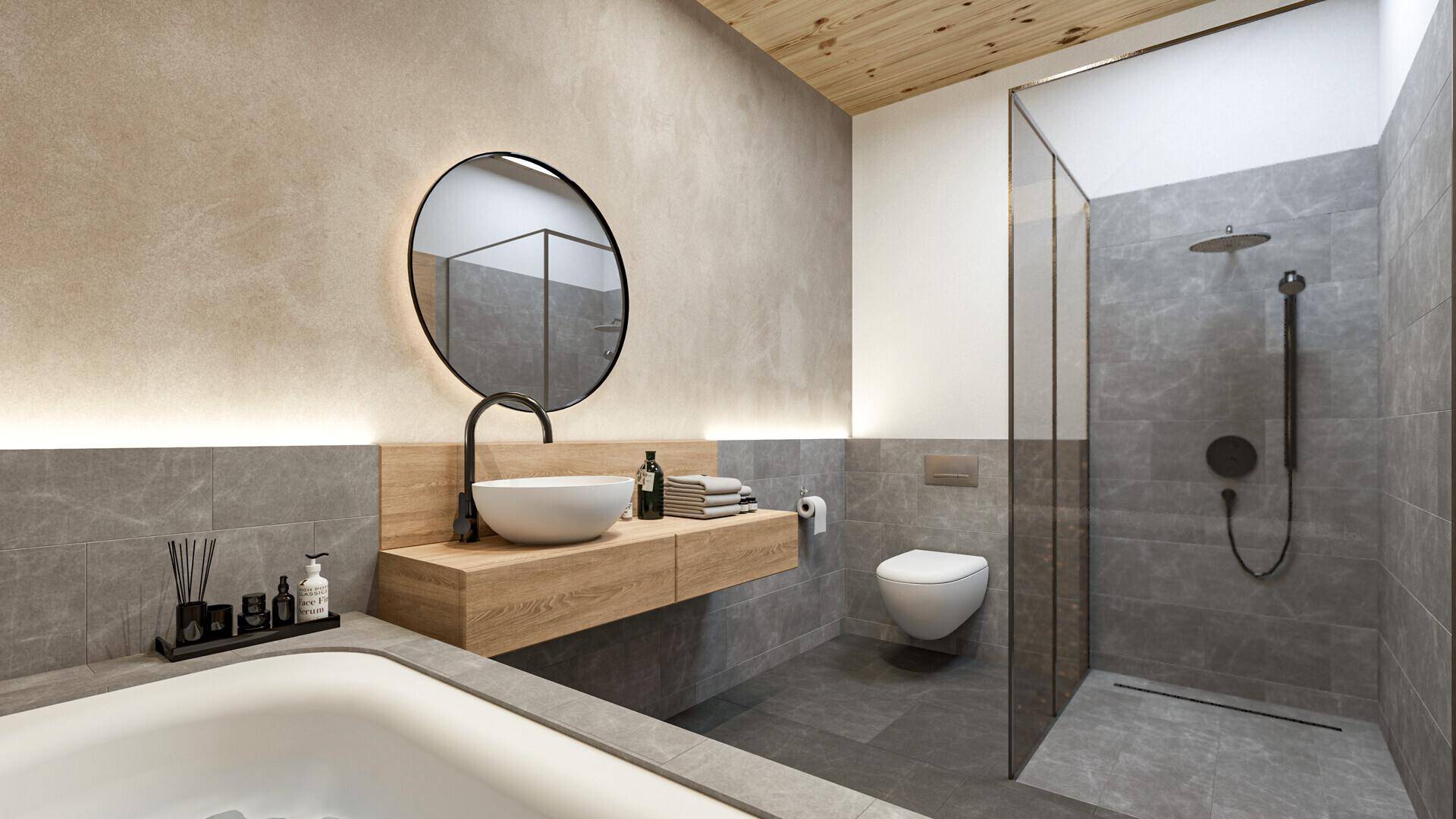 Modernes Badezimmer mit grauen Fliesen, Holzdetails, freistehendem Waschbecken und begehbarer Dusche.